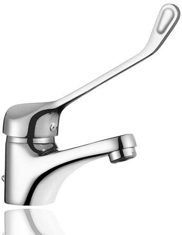 HOMSSY Grifo Gerontológico para Lavabo, Mezclador Monomando de Baño, Grifo Medical con Maneta Higiénica de Codo, Diseño Ergonómico, Acabado Cromado Plata