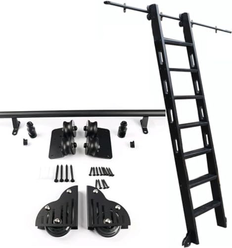 Schiebeleiter-Hardware-Kit – rustikale schwarze rollende Bibliotheksschiene für Zuhause/Innen/Dachboden – 1 m bis 6 m Schiebetür-Set mit rundem Rohr, mobile Leiterschiene (ohne Leiter)