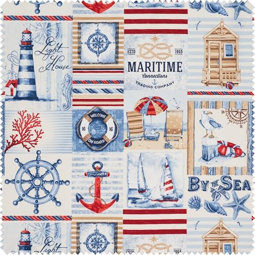 VBS Marktplatz Motiv-Stoff Leinenoptik By the Sea 140 cm breit Meterware,Frühjahrsmotiv, Dekostoff, Scrapbooking, Basteln