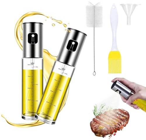 Wangzhenxi 2 x 100 ml spruzzatore di olio per alimenti con scala e imbuto – Spray professionale per friggitrice ad aria calda, grigliate e cuocere, flacone spray per olio d'oliva, insalate e arrosti