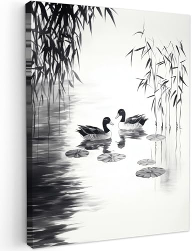 MuchoWow© Wandbilder Schlafzimmer Home Deko Wohnung Bild Wohnzimmer | 50x70 cm - Fotoleinwand Wand Bilder Leinwand Wall Decor Enten - Seerosen - Schilf - Schwarz