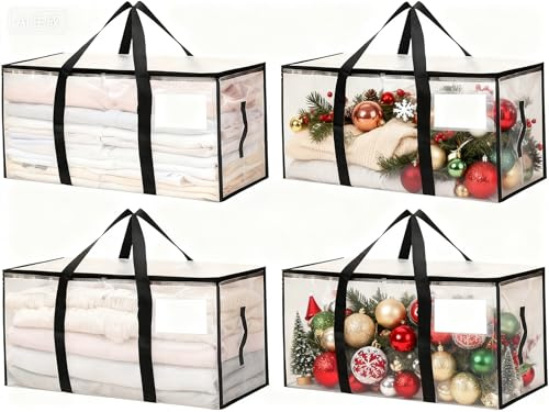 Zandrix Extra Large Moving Boxes Bags, 93L Heavy Duty Cloths Storage Bags with Backpack Straps, Waterproof Foldable Storage Totes Bins for College Dorm, Christmas Decorations Travelling—4 Pack, Clear