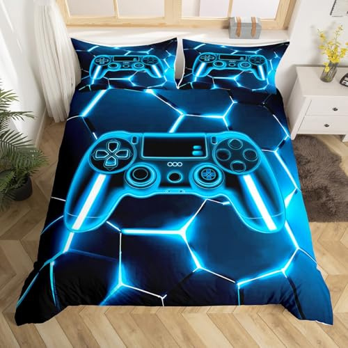 Loussiesd Gaming Housse de Couette 220x240cm Filles Garçons Enfants néon Bleu Joueur Parure de Lit Chambre décor Console de Jeu contrôleur Literie Set Ruche géométrique Imprimer 3 pièces Doux