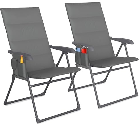 1ABOVE Premium 5‑Position Reclining Folding Garden Chair – Padded High‑Back Camping Deck & Fishing Chairs with Side Pocket, Holds 120 kg – Portable Outdoor Patio Loungers (2, Grey)