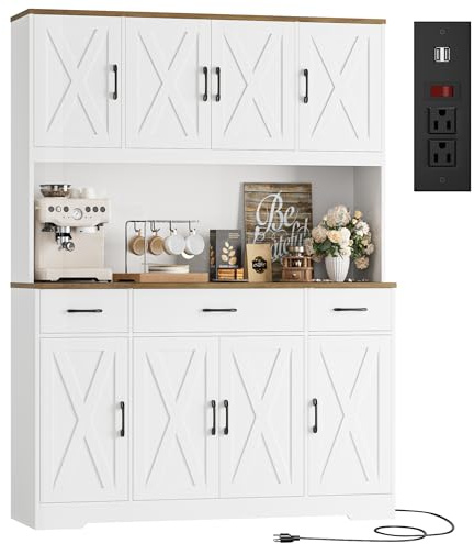 HOSTACK 71 Large Pantry Cabinet with Charging Station, 55 Wide Kitchen Pantry Storage with Drawers and Power Outlet, Tall Kitchen Hutch with Countertop for Kitchen, White
