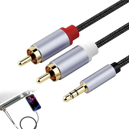 2M Cable de Audio Jack 3,5mm a 2 RCA Macho, Cable RCA a Jack 3.5 - Adaptador Estéreo para Smartphones, Tablets, PC, Amplificadores, Altavoces, TV, Conectores Chapados en Oro y Nylon Trenzado