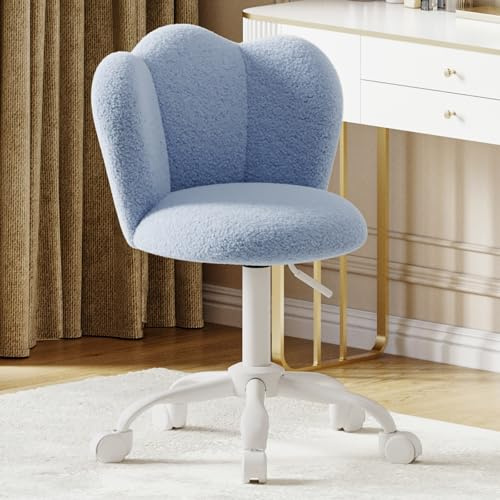 Höhenverstellbarer Bürostuhl, Schminktisch Stuhl Drehbar mit Rollen | Fleece Schreibtischstuhl, Verdicktem Kissen, Kronenform Rückenlehne, bis 150 kg, für Schlafzimmer, Schminktisch, Blau