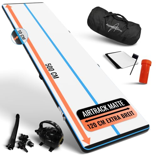 AthleticPro Airtrack Matte [3m/4m/5m Lang] - 120cm Extra Breit - 10/20cm Höhe - Aufblasbare Turnmatte für Bodenturnen & Akrobatik inkl. elektrischer Pumpe, Reparaturset & Tasche (500 x 120 x 10 cm)