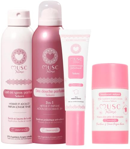 MUSC INTIME La Marque Officielle - Gel Parfumant + Déodorant Anti transpirant + Lait spray et Déodorant douche parfumés - Les Nouveautés - Sakura - L'Innocente - Nettoie, Protège et Parfume