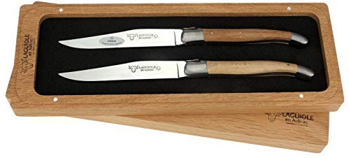 Laguiole en Aubrac - Zwei original Laguiole Steakmesser aus Frankreich - Griffschalen Eichen-Holz - Tafelmesser
