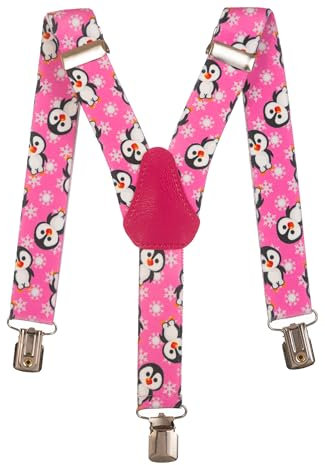 Olata Kinder Hosenträger mit Pinguin-Design | Elastische Y-Hosenträger (1-5 Jahre) – 2,5 cm. Rosa