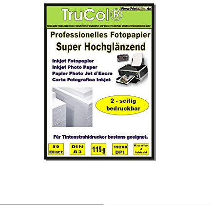 BEIDSEITIG 50 Blatt Fotopapier Photopapier DIN A3 115g /qm - beidseitig Glossy (glaenzend) - sofort trocken - wasserfest - hochweiß - sehr hohe Farbbrillianz Fuer Inkjet Drucker (Tintenstrahldrucker)