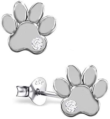 Pfötchen Ohrstecker mit Zirkonia 925 Echt Silber Kinder Mädchen Damen Ohrringe Pfoten