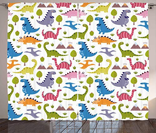 ABAKUHAUS Dino Rustikaler Vorhang, Dinosaurier niedlich bunt, Wohnzimmer Universalband Gardinen mit Schlaufen und Haken, 280 x 245 cm, Mehrfarbig
