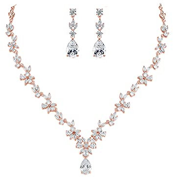 SNORSO Bijoux Parure Femme Collier et Boucles d'oreilles Plaqué Or Rose Fleur Feuille Pendentif Goutte d'eau Parures de Mariage Soirée