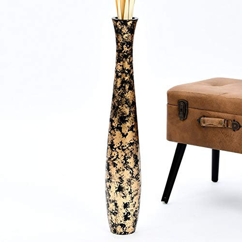 Leewadee Jarrón Grande De Suelo – Jarrón Alto De Madera De Mango para Ramas Decorativas, 70 cm, Negro Dorado