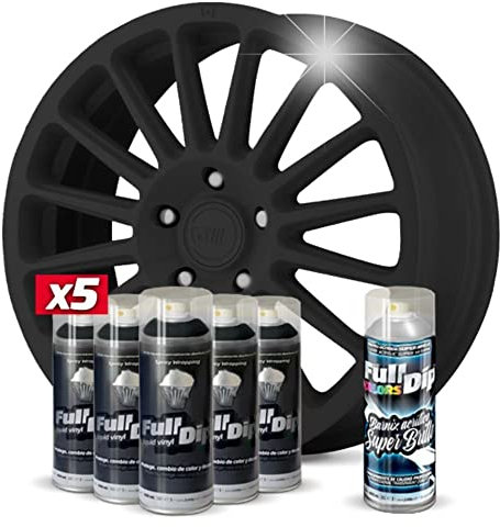 AutoFullCar - Pack Llantas Full Dip - 5 Sprays Full Dip Negro Brillo + 1 Spray Barniz Acrílico Acabado Brillo - Vinilo Líquido - 400 ml. Unidad
