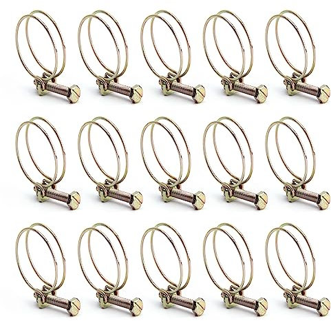 MroMax Stahldraht-Schlauchschellen, verstellbar, Doppeldraht-Rohrschellen, Schraube, 15 Stück, 38 mm (Innendurchmesser) x 2 mm (Rohrdurchmesser), Messing, Eisen und verzinkte Oberfläche