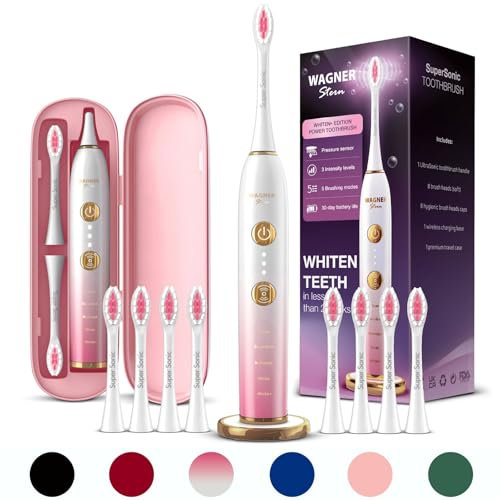 Wagner Stern Edizione WHITEN+. Spazzolino elettrico intelligente con sensore di pressione. 5 modalità di spazzolatura e 3 livelli di intensità, 8 testine morbide, custodia da viaggio premium.