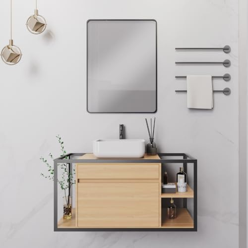ZIK - Mobile Bagno con Lavabo e Specchio Moderno, Lavandino Bagno con Mobiletto in Legno e Ceramica, Mobile Sospeso con Finiture Eleganti e Cassetto e Vano Salvaspazio (Rovere)