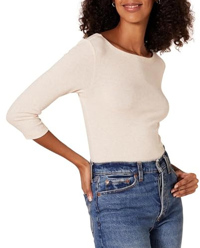 Amazon Essentials Women's Slim-Fit 3/4-Sleeve Boat-Neck T-Shirt, Oatmeal Heather, XS