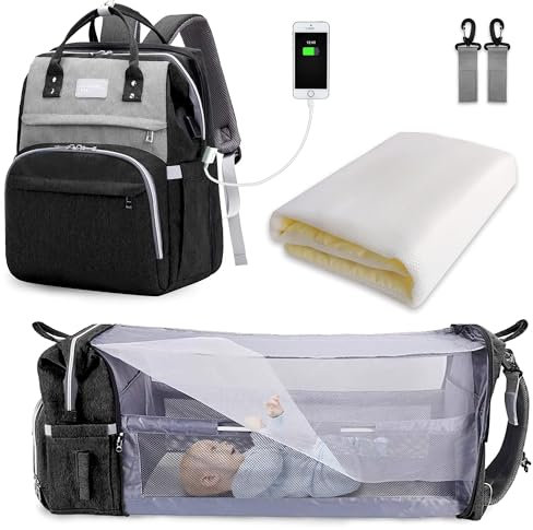 SNDMOR Wickeltasche Rucksack, wickelrucksack mit bettfunktion Großer, Multifunktionale Diaper Bag Mit Wickelunterlage, Kinderwagen-Haken, Geeignet für Mama und Papa (Schwarz und Grau)
