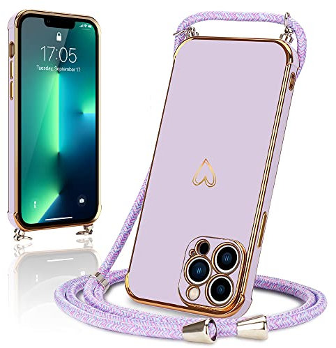 Micoden for iPhone 13 Pro Case Crossbody Lanyard Cord Neck Strap Chain Cute Heart Electroplating for Girls Women Holder with Necklace Silicone Shockproof Cover for iPhone 13 Pro Purple
