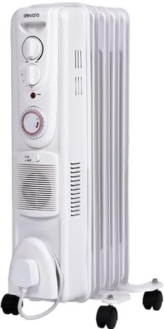 Devola 1500W 5 Fin Oil Filled Radiator, Low Energy Electric Heater with Thermal Fuse for Overheat Cut Off, Adjustable Heating Dial, Turbo Heating Option via PTC Fan, 24 Hour Timer - DVSOR5F15W (White)