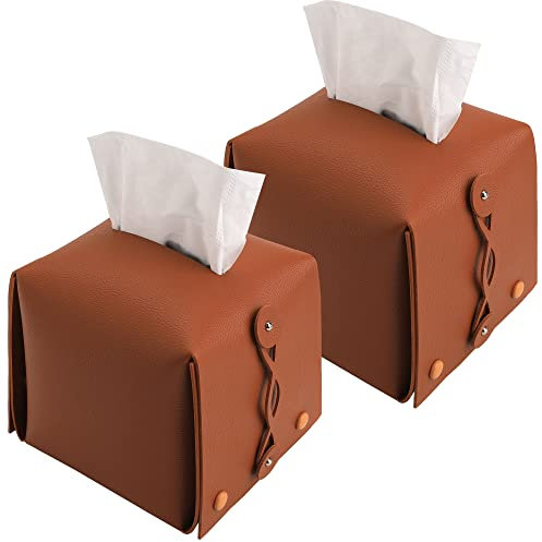 Kevancho Taschentuchbox-Abdeckung, Leder, quadratisch, 2 Stück, Taschentuchbox-Halter, Spender für Auto, Zuhause, Badezimmer, Schlafzimmer, Büro, Nachttische, Schreibtische und Tische (Braun 1,
