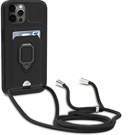 yanasuo Cover con Collana Compatibile con iPhone 12/12 Pro, Cover con Pratico Cordino, Slidable Protezione Fotocamera Slot Carte 360° Anello Supporto, Nero