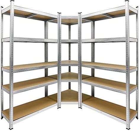 ECD Germany Regalsystem 3er Set, 2 Lagerregale 180x90x40 cm mit Eckregal 180x70x40 cm, verzinkt Metallregale 15 Böden aus MDF Holz, belastbar bis 750kg/Regal, Schwerlastregal Steckregal Kellerregal