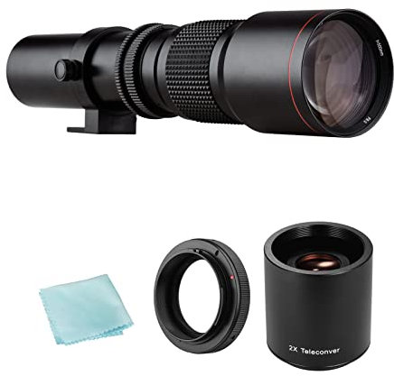 Andoer Superteleobjektiv 500 mm F/8.0-32 T-Mount + UV/CPL/FLD Filter + 2X 500mm Telekonverter Objektiv + T2-EOS Adapterring für Canon EOS EF-Mount-Kameras