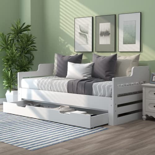 Wooden Daybed with Trundle and Drawer, Cabin Bed, Solid Guest Bed&Sofa Bed, Pull out Trundle and Storage Drawer for Living Room and Bedroom - Single (3') 90 x190 cm - White【UK Fast Shippment】
