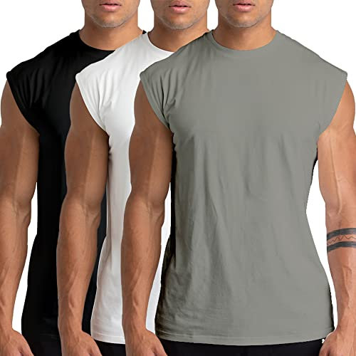 Holure 3 Pack Men's Gym Tank Tops Workout Sleeveless T-Shirts Athletic Muscle Tank Training Bodybuilding Shirts Black/White/Grey 05-M