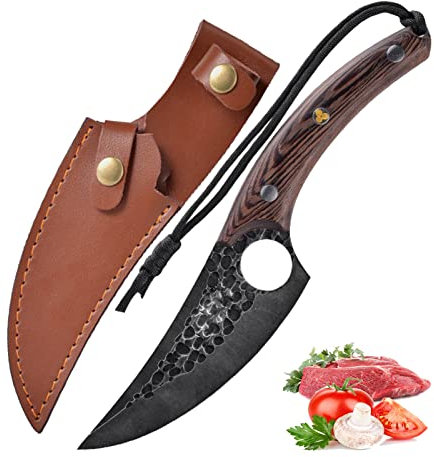 Fubinaty - Couteau de chef de cuisine japonais forgé à la main pour le camping Couteau à désosser Viking en acier à haute teneur en carbone avec étui en cuir véritable