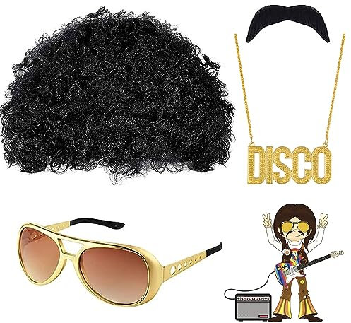 KANOSON 80er Jahre Outfit Herren Accessoires，Hippie Accessoires Herren 70 Jahre，Disco Kostüm Afro Perücke Schnurrbart zum Ankleben Hippie Brille Disko Goldkette Schlagermove Festival Karneval