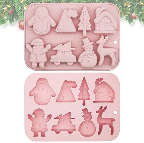 Christmas Silicone Mould, Christmas Chocolate Mould 8 Cavities Elk Christmas Tree Snowman Shapes Cake Moulds hocolate Candy Pan Soap Moulds for Christmas Xmas New Year Cake Decoration A48LDJMJ (Pink)