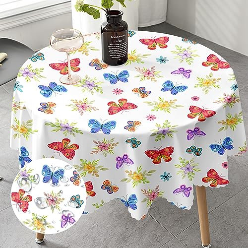 iEvery Tischdecke Rund Schmetterling 150 cm, Floral Runde Gartentischdecke Garten Tischdecken für Draußen Polyester Outdoor Abwaschbar Wetterfest Table Cloth für Küche Gartentisch Esstisch Party