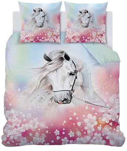 SYHIEGO Pferd Bettwäsche 135x200 Mädchen Mikrofaser Kinder-Wende-Bettwäsche-Set mit Reißverschluß, Bettbezug 2 Teilig Set Kuschel 3D Muster Deckenbezug mit 1 x Kissenbezug 80x80cm