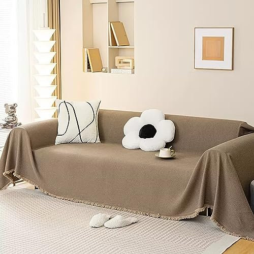 Mesnt Sofa Überzug Kissen, Chenille Couchschutz für Haustiere Einfarbig mit Waffelstruktur und Quaste Braun, 180x420CM