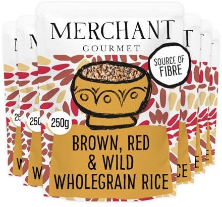 Merchant Gourmet Brown, Red, Wild Microwave Rice - Pack of 6 x 250g Pouches, Source of Fiber, Low Fat & Vegan, Ready in Minutes, Plant-based Ready Meal