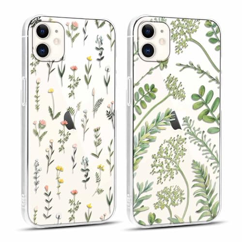 Yoedge 2 Stück Handyhülle für iPhone 11 Hülle, Transparent Blätter Floral Blumen Muster Mädchen Aesthetic, Handyhülle Weich Silikon Slim Stoßfest Durchsichtig Schutzhülle für iPhone 11 6,1