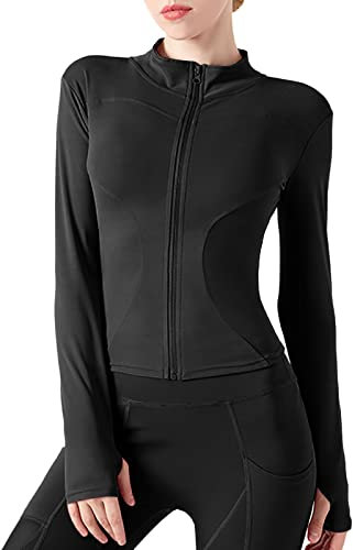 Gym Oberteil Damen- Schnelltrocknend Enge Langarm Funktionsjacke Trainingsjacke Reißverschluss Atmungsaktive Daumenloch Sportoberteil Sweatjacke Rosa Schwarz Wandern Sportjacke Laufjacke