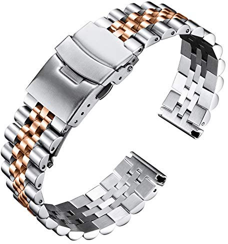 BINLUN Edelstahl Uhrenarmband Metall Uhrenarmbänder für Herren Damen Metallarmband mit Sicherheitsverschluss 18mm 20mm 22mm 24mm 26mm Armband Zwei Ton (Silber + Roségold, 18mm)