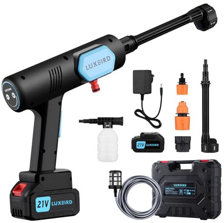 LUXBIRD Cordless Pressure Washer 21V - with 1 Batteries, 6-in-1 Spray Nozzle, Adjustable Water Column Range, Soap Dispensing Bottle, Max 652PSI/2.1GPM, Power Cleaner with Tool Case for Cars, Windows