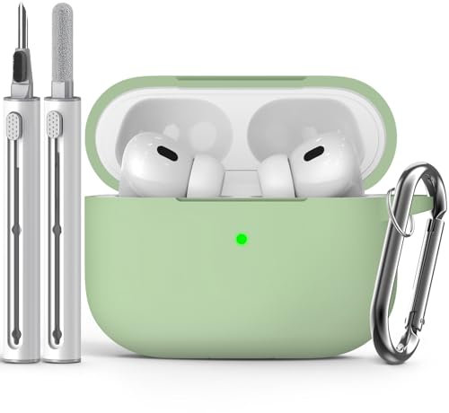 Inesore Compatible with Airpods Pro 2nd/1st Case Cover, Silicone Protective Case for Apple Airpods Pro 2nd/1st Generation Charging Case with Keychain and Cleaner Pen, Pastel Green