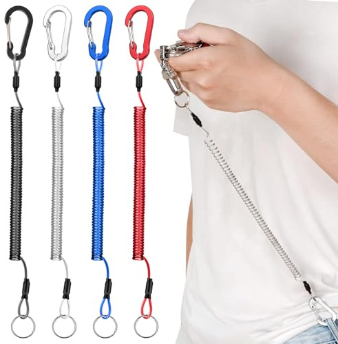 Moschetton Porte-clés en Spirale, Lot de 4 Mousquetons à Ressort Extensible pour Escalade, Cordon de Sécurité Élastique pour Canoë, Kayak, Camping, Chasse