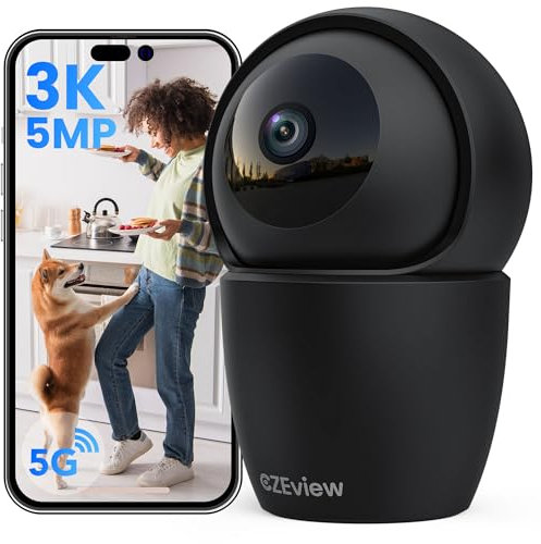 CZEview 3K 5MP Überwachungskamera Innen, 2,4/5Ghz Dual-Band WLAN Kamera Überwachung Innen, Hundekamera mit APP, 360° Kamera Indoor, Zwei-Wege-Audio, Nachtsicht, AI Bewegungserkennung, Schwarz