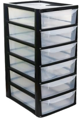 Khanary Plastic Storage Drawer A4 Storage Box Multipurpose Organizer Office Desktop Tabletop Counter School Bedroom Garage Kids Room Vanity organizer Black/Silver-Clear (Black Clear, 6 Tier Small)