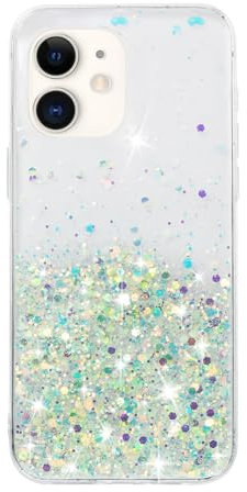 EuoDuo Kompatibel mit iPhone 12 Silikon Glitzer Hülle Leuchten im Dunkeln Durchsichtige TPU Klar Schutzhülle Fluorescent Sequin Handyhülle Case - Grün